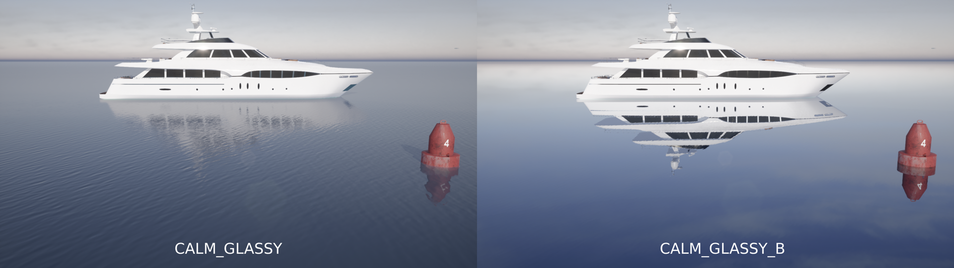 Comparison of standard calm water and the new glassy water material